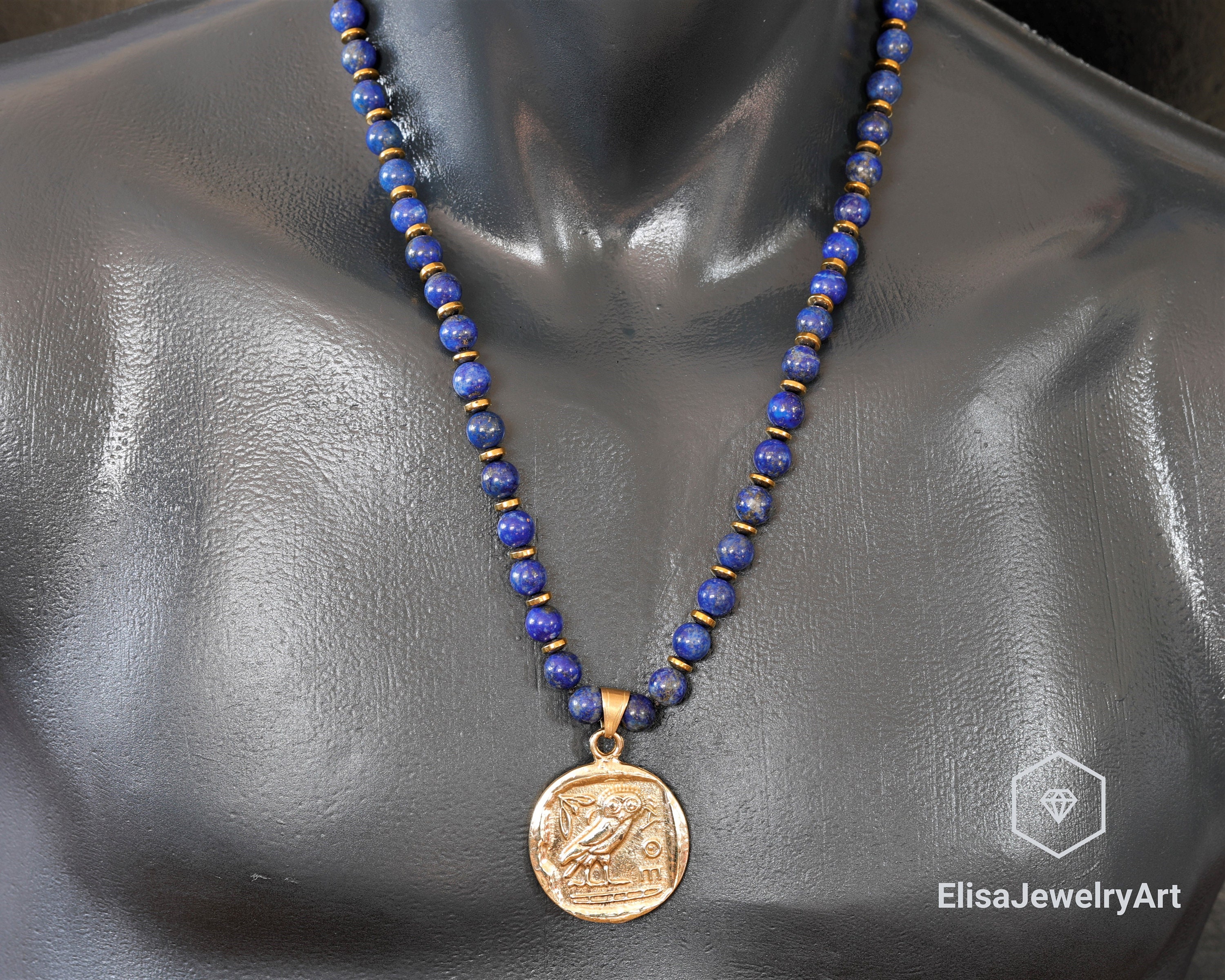 Self Confidence Necklace Owl Coin Pendant Natural Lapis Lazuli Beaded Clearing Necklace Birthstone Christmas Gift Unisex Necklace