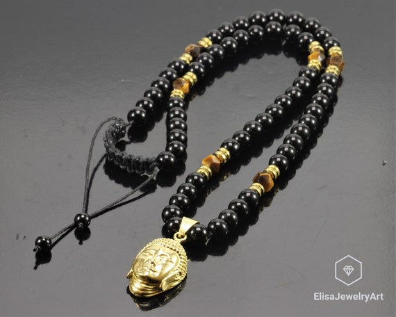 Long Collier Perles œil De Tigre Avec Pendentif Bouddha - Occasion, Bijou Ethnique Magnifique