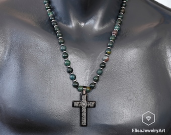 Cross Necklace Natural Bloodstone Beaded Necklace Energy Crystal Gemstone Strong Clasp Necklace Healing Necklace