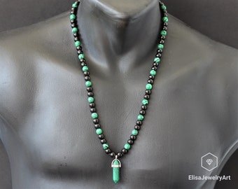 Uomo Naturale Malachite & Nero Oyx perline Collana Malachite Cristallo Pendente Macrame regolabile perline lungo regalo per lui Unisex