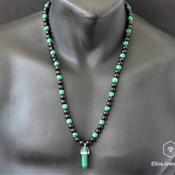 Men's Natural Malachite & Black Onyx Beads Necklace Malachite Crystal Pendant Macrame Adjustable Beaded Long Necklace Gift For Him Unisex