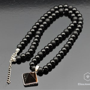 Pyramid Tiger Eye Pendant Natural Black Onyx Clasp Closure Necklace Gemstone Adjustable Necklace Protection Stone Necklace Black Men&#39;s
