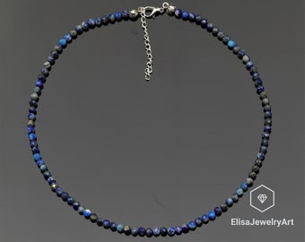 Natural 4mm Lapis Lazuli Choker Adjustable Rhinestone Necklace Beaded Necklace Healing Gemstone Gift For Him Gift For Her Mother's Day Gift