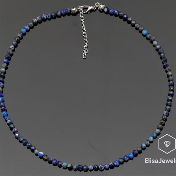 Natural 4mm Lapis Lazuli Choker Adjustable Rhinestone Necklace Beaded Necklace Healing Gemstone Gift For Him Gift For Her Mother's Day Gift