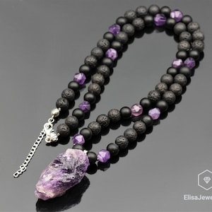 Natural Big Amethyst Pendant Onyx Lava Beads Necklace Genuine Crystal Beaded Necklace Luck Unisex Mother&#39;s Day Gift Necklace