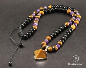 Natural Crystal Tiger Eye Pendant Amethyst Black Onyx Gemstone Protection Beaded Macrame Adjustable Long Necklace For Men Christmas Gift