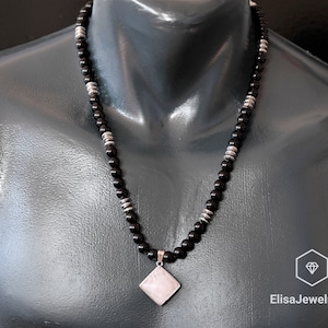 Lover Gift Natural Rose Quartz Pyramid Pendant Black Onyx Hematite Beaded Birthstone Necklace Black Necklace Christmas Gift For Him Unisex