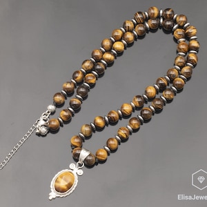 Natural Tiger Eye Silver Pendant, Tiger Eye Beaded 925 Sterling Silver Necklace, 18x13 Pendant, Unique Silver Gift Jewelry, Genuine Crystal