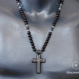 Cross Necklace Natural Bloodstone & Black Onyx Beaded Necklace Patience Crystal Gemstone Strong Clasp Necklace Encouraging Necklace