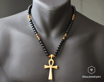 24k banhado a ouro 925 prata esterlina ankh natural preto ônix olho de tigre frisado com fecho colar presente para ele presente para seu presente de natal