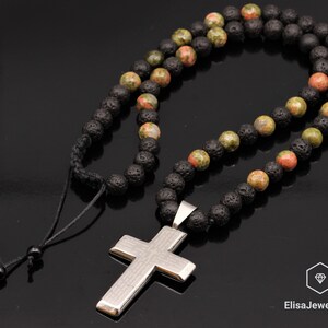 Women&#39;s Cross Necklace Natural Black Lava, Unakite Beaded Gemstone Long Uniqe Necklace Gift For Her Christmas Gift Best Friend Gift