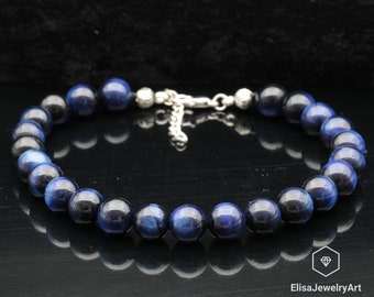 Natural Blue Tiger Eye Beaded Adjustable Strong Anklet Handmade Courage Crystal Gemstone Fashion Anklet Women's Peace Stone Dainty Anklet