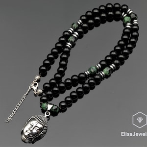 Natural Black Onyx and Ruby Zoisite Beaded Buddha Necklace, Genuine Gemstone Necklace, Spiritual Jewelry