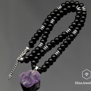 Natural Raw Amethyst Pendant Black Onyx Hematite Beaded Birthstone Emotional Genuine Gemstone Necklace For Him Unisex Christmas Gift