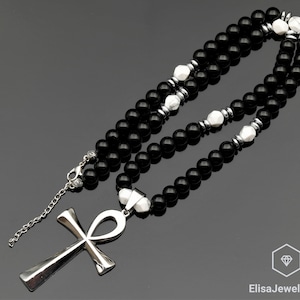 Ankh Cross Necklace Natural Howlite & Black Onyx Beaded Necklace Stress Crystal Gemstone Strong Clasp Necklace Strength Necklace