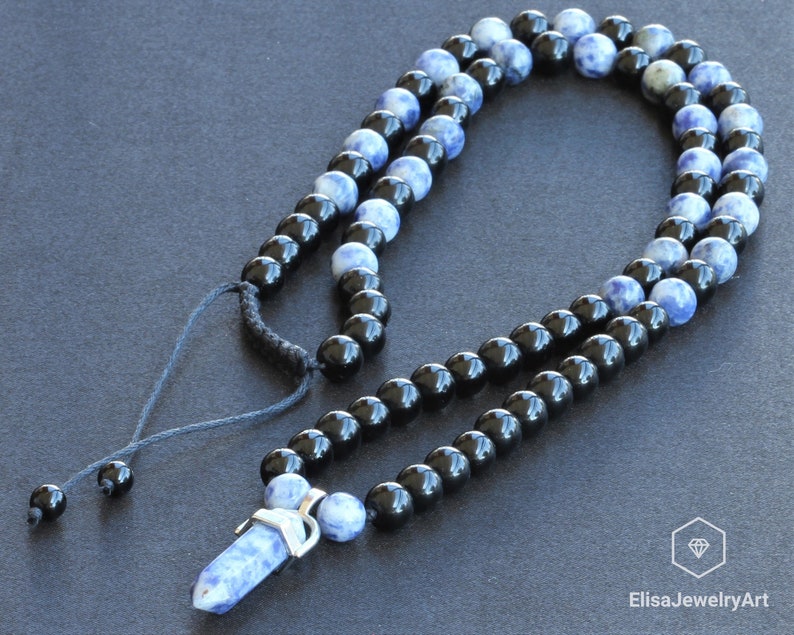 Women/'s Necklace Blue Spot Jasper Crystal Pendant Natural Black Onyx Beads Necklace Adjustable Necklace Long Necklace Men/'s Necklace Healing