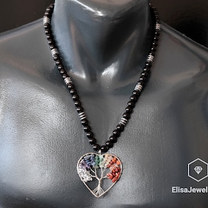 Healing Chakra Heart Necklace Natural 7 Chakra Pendant Black Onyx Hematite Beaded Birthstone Rainbow Necklace Colorful Necklace Christmas