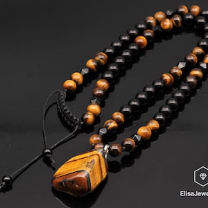 Beschermingsketting heren Grote ruwe tijgerooghanger Kralenketting zwarte onyx kralen Verstelbare lange ketting Cadeau voor mannen Kerstcadeau