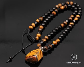 Men's Protection Necklace Big Raw Tiger Eye Pendant Beads Necklace Black Onyx Beaded Adjustable Long Necklace Gift For Men Christmas Gift