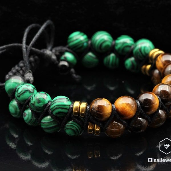 Bracelet Homme Malachite Naturelle & Oeil de Tigre Perlé Bracelet Homme Bracelet Femme Bracelet Cristal Cadeau Fête des Pères Cadeau Pour Petit Ami