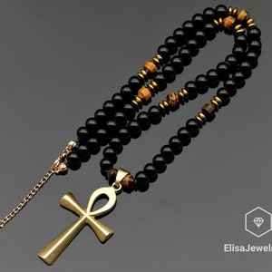 Brass Ankh Cross Necklace Natural Tiger Eye & Black Onyx Beaded Necklace Protection Gemstone Necklace Encouraging Necklace