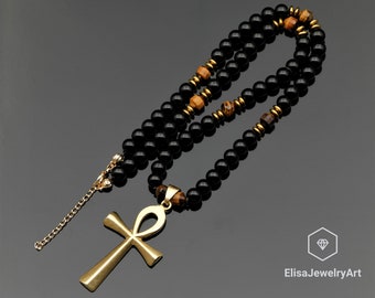 Brass Ankh Cross Necklace Natural Tiger Eye & Black Onyx Beaded Necklace Protection Gemstone Necklace Encouraging Necklace