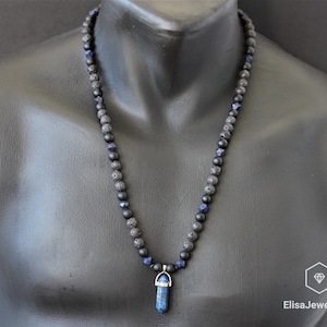 Men&#39;s Natural Lapis Lazuli Beads Necklace Onyx , Lava Beads Necklace Lapis Lazuli Crystal Pendant Macrame Beaded Necklace Adjustable Unisex