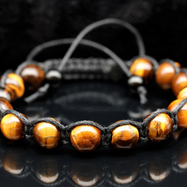 Natural Tiger Eye Beads Bracelet Macrame Adjustable Bracelet Healing Gemstone Crystal Macrame Bracelets Healing Energy Yoga Gift for Him