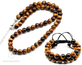 Conjunto de pulsera y collar de enfoque y fuerza, conjunto de cuentas de piedras preciosas de ojo de tigre Natural, gargantilla, collar de emoción, piedra natal, regalo de Navidad