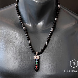 Christmas Gift Necklace Natural 7 Chakra Onyx Pendant Black Onyx Hematite Beaded Birthstone Women&#39;s Necklace Necklace Christmas Gift