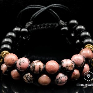 Christmas Gift Bracelet Natural Rhodonite Black Onyx Beaded Adjustable Bracelet Stone Of Compassion Yoga Men&#39;s Bracelet Women&#39;s Bracelet