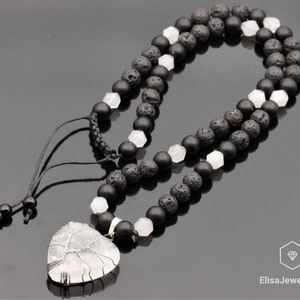 Women&#39;s Natural Heart Quartz Pendant Necklace Black Onyx Lava Gemstone Healing Beaded Best Friend Gift Necklace For Her Christmas Gift Men&#39;s
