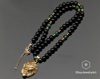 Gold Color Lion Necklace Natural Green Agate Black Onyx Beaded Believer Emotion Gemstone Bohamian Necklace Men's Women's Christmas Gift