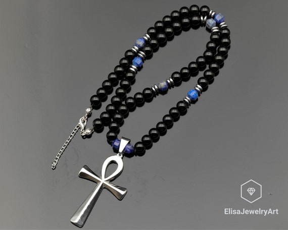日本未入荷☆KING ICE☆Onyx Beaded Ankh Cross Necklace Iced Apep and Ankh Necklace | Egypt Pieces | King Ice