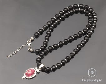 Colgante de plata de jaspe imperial rosa natural, collar de plata de ley 925 con cuentas de ónix negro, colgante de 18 x 13, joyería de moda, cristal genuino