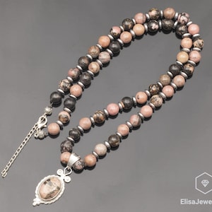 Natural Rhodonite Silver Pendant, Rhodonite Beaded 925 Sterling Silver Necklace, 18x13 Pendant, Unique Silver Gift Jewelry, Genuine Crystal