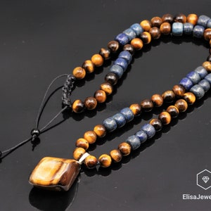 Men&#39;s Protection Necklace Big Raw Tiger Eye Pendant Beads Necklace Lapis Lazuli Beaded Adjustable Long Necklace Gift For Men Christmas Gift