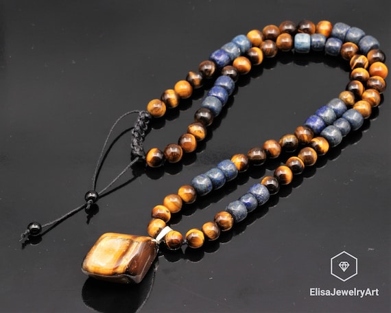 Men's Protection Necklace Big Raw Tiger Eye Pendant Beads Necklace
