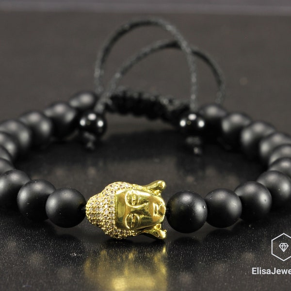 Bouddha Perled Bracelet Naturel Noir Onyx Protection Réglable Shamballa Macrame Yoga Mala Bracelet Cadeau pour lui cadeau de Noël