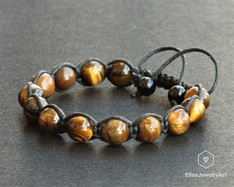 Natural Tiger Eye Beads Bracelet Macrame Adjustable Bracelet Healing Gemstone Crystal Macrame Bracelets Healing Energy Yoga Gift for Him