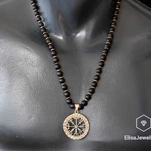 Viking Compass Coin Pendant Necklace Black Onyx Hematite Beaded Birthstone Gemstone For Him Unisex Christmas Gift Valentine&#39;s Day Gift
