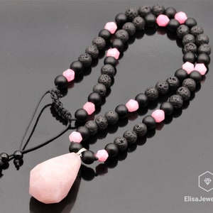 Women&#39;s Rose Quartz Pendant Necklace Natural Black Onyx Lava Gemstone Healing Beaded Best Friend Gift Necklace For Her Christmas Gift