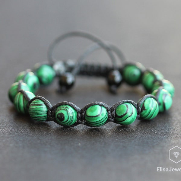 Natural Malachite Beads Bracelet Macrame Adjustable Bracelet Healing Gemstone Crystal Macrame Bracelets Healing Energy Yoga Gift for Him