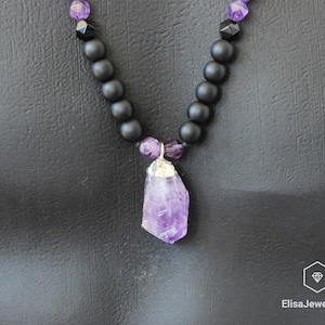 Raw Amethyst Pendant Necklace Black Onyx Crystal Beaded Necklace Gemstone Healing Stone Adjustable Macrame Long Gift For Him Gift For Her