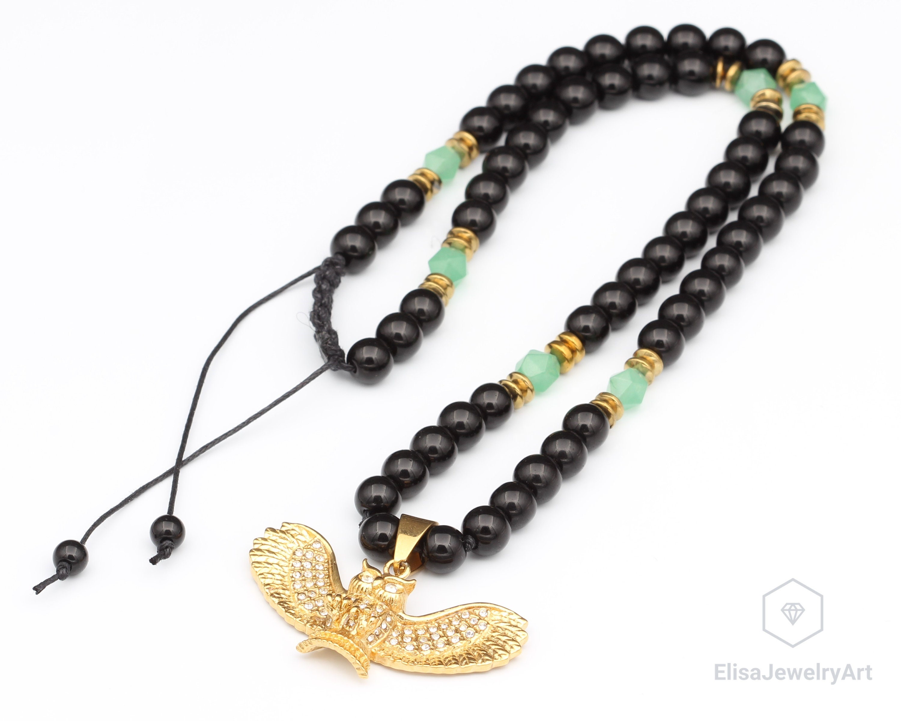 Women's Zirconia Owl Pendant Natural Aventurine Black Onyx Beaded Gemstone Protection Necklace B