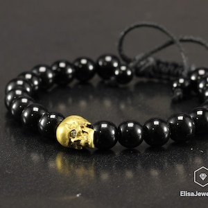 Men&#39;s Skull Beaded Bracelet Natural Black Onyx Protection Adjustable Shamballa Macrame Yoga Mala Bracelet Gift For Him Christmas Gift