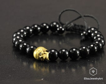 Bracelet perlé crâne homme Naturel Noir Onyx Protection Réglable Shamballa Macrame Yoga Mala Bracelet Cadeau pour lui cadeau de Noël