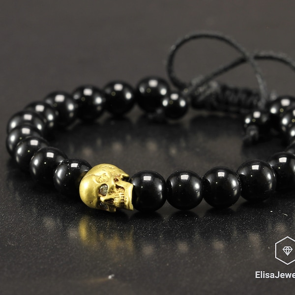 Bracelet perlé crâne homme Naturel Noir Onyx Protection Réglable Shamballa Macrame Yoga Mala Bracelet Cadeau pour lui cadeau de Noël