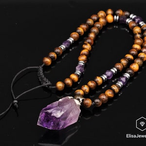 Natuurlijke ruwe amethist hanger natuurlijke amethist hematiet tijgeroog kralen edelsteen ketting beste vriend cadeau voor mannen ketting cadeau voor hem