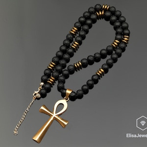 24K Gold Plated 925 Sterling Silver Ankh Cross Necklace Natural Black Lava Men&#39;s Cross Necklace Christmas Gift Unisex Gift Silver